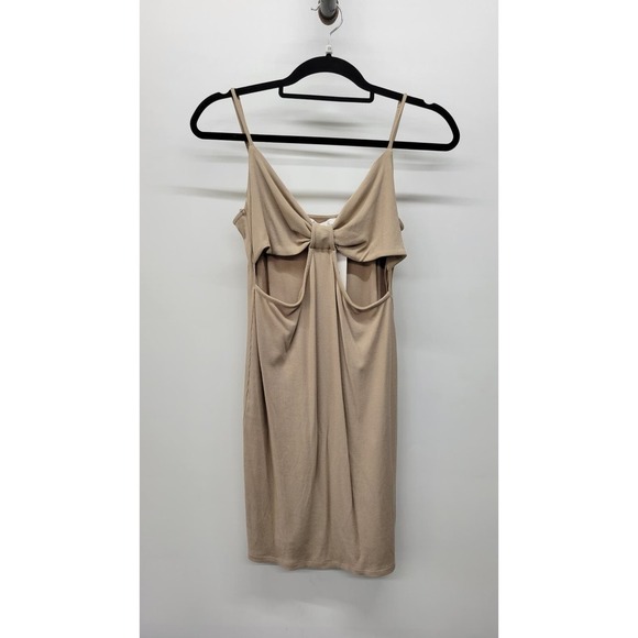 ELODIE Tan Ribbed Cutout Mini Dress - Picture 1 of 7